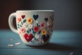 Cup with flowers and hearts creative positive thinking, created with Generative AI technology