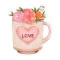 Cup of flowers . Valentines day object . Watercolor painting elements . Illustration