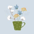 Cup with flowers, vector floral illustration