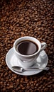 Cup with fragrant coffee drink on beans background