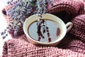 Cup of fragrant tea with lavender flowers on the background of a knitted sweater, close-up Royalty Free Stock Photo