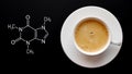 Cup of fresh coffee on a black background. Blackboard with the chemical formula of caffeine. Top view with copy space Royalty Free Stock Photo