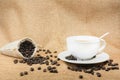 Cup of fresh coffee with coffee beans on burlap warm cup on brown background Royalty Free Stock Photo