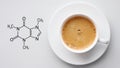 Cup of fresh coffee on white background. Blackboard with the chemical formula of Caffeine. Top view with copyspace Royalty Free Stock Photo