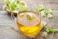 Cup of fresh herbal tea with blooming Tilia linden, basswood.