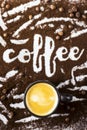 The word coffee is written on ground coffee Royalty Free Stock Photo