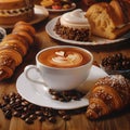 Cup with fresh steaming cappuccino, croissants and coffee beans Royalty Free Stock Photo