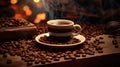 Cup of freshly brewed black coffee surrounded by roasted coffee beans Royalty Free Stock Photo