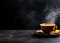 A Cup of freshly brewed black tea,escaping steam,warm soft light, darker background. Created with Generative AI