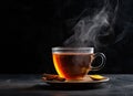 A Cup of freshly brewed black tea,escaping steam,warm soft light, darker background. Created with Generative AI