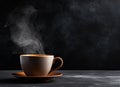 A Cup of freshly brewed black tea,escaping steam,warm soft light, darker background. Created with Generative AI