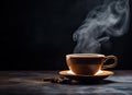 A Cup of freshly brewed black tea,escaping steam,warm soft light, darker background. Created with Generative AI