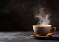 A Cup of freshly brewed black tea,escaping steam,warm soft light, darker background. Created with Generative AI