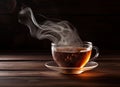 A Cup of freshly brewed black tea,escaping steam,warm soft light, darker background. Created with Generative AI