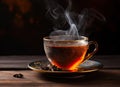 A Cup of freshly brewed black tea,escaping steam,warm soft light, darker background. Created with Generative AI