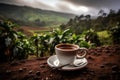 cup of freshly brewed coffee against the backdrop of a forest mountain landscape