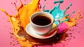 Cup of freshly brewed coffee with colorful splashes of paint in pop art style. Pink yellow blue teal color palette. Creative