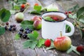 Cup of fruit tea with apples, pears, raspberries and black currant berries on wooden table outdoors. Royalty Free Stock Photo