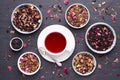 Cup of fruit tea on dark, stone background, top view