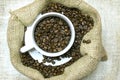 Cup Full Of Coffee Beans In Burlap Bag Royalty Free Stock Photo