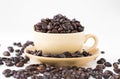 Cup full of coffee beans on on white background Royalty Free Stock Photo