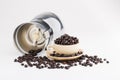 Cup full of coffee beans on on white background Royalty Free Stock Photo