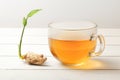 Cup of ginger tea hot steam and moisture drops on glass, dry r Royalty Free Stock Photo