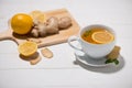 Cup of Ginger Tea with Lemon and Honey on a White Wooden Background. Royalty Free Stock Photo