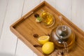 Cup of ginger tea with lemon and honey on white wooden background. Royalty Free Stock Photo