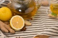 Cup of ginger tea with lemon and honey on white wooden background. Royalty Free Stock Photo