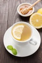 Cup of ginger tea with lemon and honey on wooden background Royalty Free Stock Photo