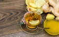 Cup of ginger tea with lemon and honey on a wooden background, top view.