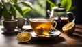 a cup of ginger tea with lemon, morning tea to tone up, healthy eating and natural drinks, Royalty Free Stock Photo
