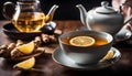 a cup of ginger tea with lemon, morning tea to tone up, healthy eating and natural drinks, Royalty Free Stock Photo