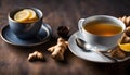 a cup of ginger tea with lemon, morning tea to tone up, healthy eating and natural drinks, Royalty Free Stock Photo