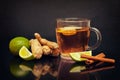 Cup with ginger tea, raw ginger, lime on saucer and honey on bow Royalty Free Stock Photo