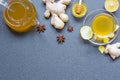 Cup of ginger tea and teapot with lemon, honey and spices