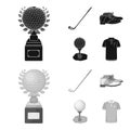 Cup, golf club, ball on the stand, golfer shoes.Golf club set collection icons in black,monochrome style vector symbol Royalty Free Stock Photo