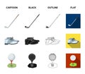 Cup, golf club, ball on the stand, golfer shoes.Golf club set collection icons in cartoon,black,outline,flat style Royalty Free Stock Photo