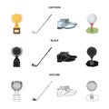 Cup, golf club, ball on the stand, golfer shoes.Golf club set collection icons in cartoon,black,outline style vector Royalty Free Stock Photo