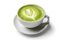 Cup of green matcha latte with latte art on white background