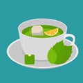 Cup with green mint tea and lemon in flat design. Vector Illustration Royalty Free Stock Photo