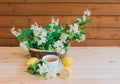 Cup of green tea and basket with jasmine flowers Royalty Free Stock Photo