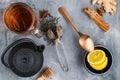 Cup with green tea with  black china kettle Royalty Free Stock Photo