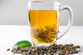 A Cup of green tea with dried large leaf tea and fresh tea leaves on a white background. Diet and healthy drink Royalty Free Stock Photo