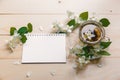 A cup of green tea and Jasmine flowers on a white background top view Royalty Free Stock Photo