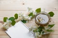 A cup of green tea and Jasmine flowers on a white background top view Royalty Free Stock Photo