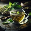 Cup of green tea with leaves and herbs on a dark background, small bowls and spoons around.