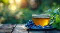 a cup of green tea next to blueberry on a wooden table. blurred background of summer garden from behind Royalty Free Stock Photo