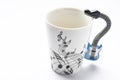 A cup with guitar handle. A cup for musician. Cup ispolated on white background.Copy space Royalty Free Stock Photo